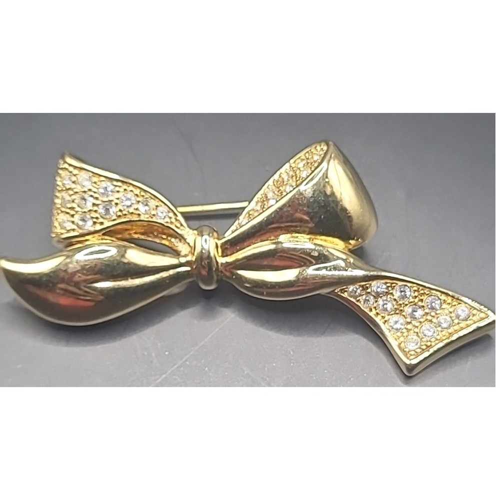 Vintage Bow Brooch Woman Gold Tone Rhinestone Ribbon Pin Accessory‎